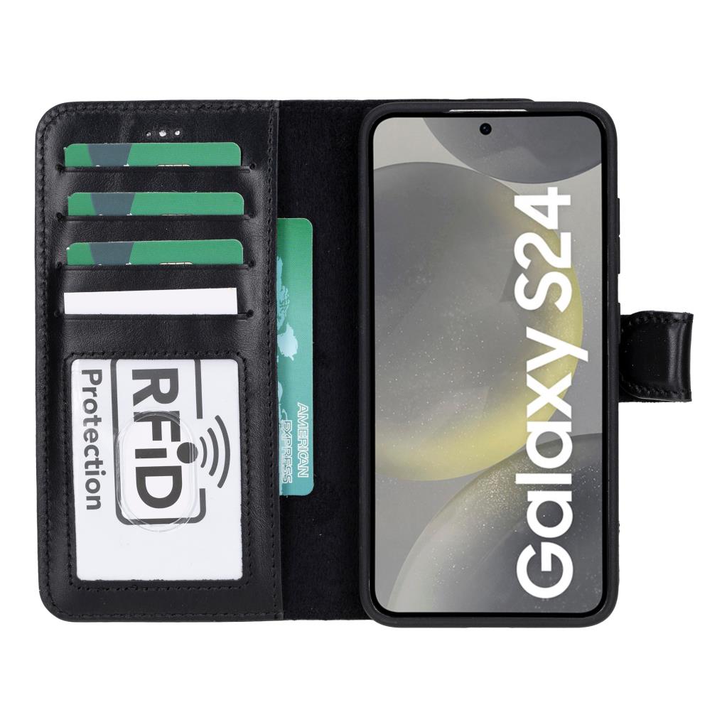 Samsung Galaxy S24 Uyumlu, Deri̇ Cüzdanlı Kılıf, Parlak Si̇yah