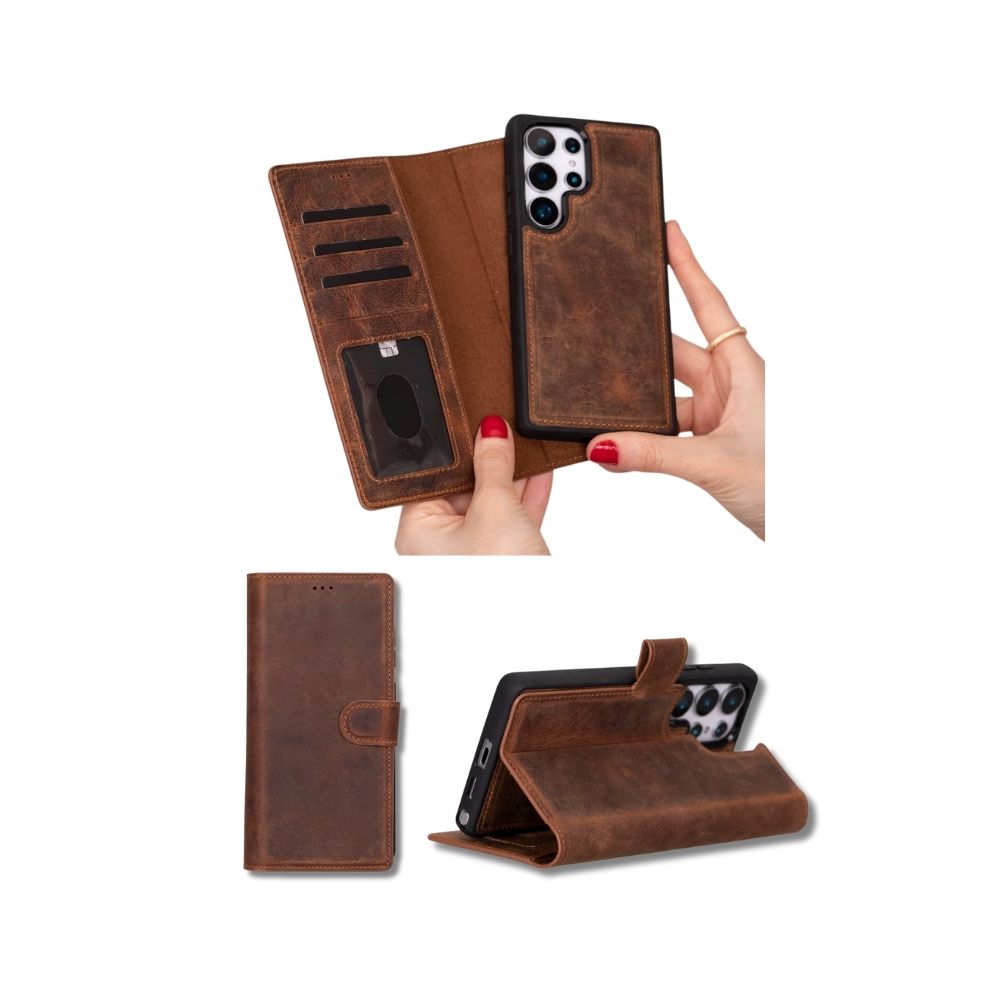 Samsung Galaxy S25 Ultra Uyumlu, Haki̇ki̇ Deri̇, El Yapımı, Cüzdanlı Kılıf, Anti̇k Kahve