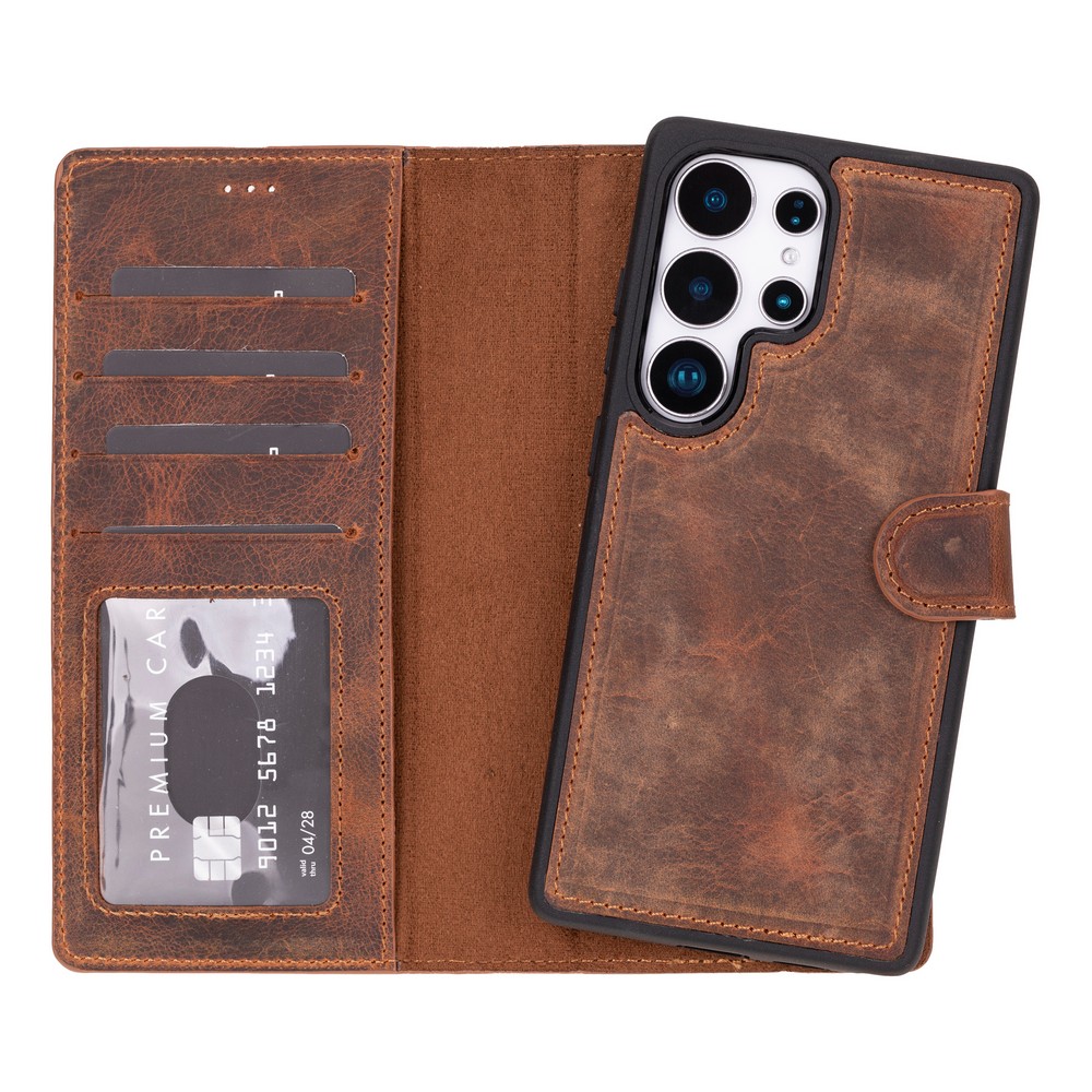Samsung Galaxy S25 Ultra Uyumlu, Haki̇ki̇ Deri̇, El Yapımı, Cüzdanlı Kılıf, Anti̇k Kahve