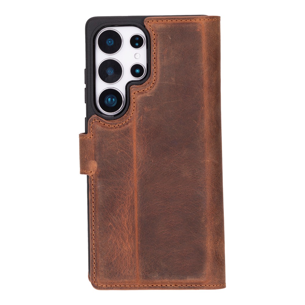 Samsung Galaxy S25 Ultra Uyumlu, Haki̇ki̇ Deri̇, El Yapımı, Cüzdanlı Kılıf, Anti̇k Kahve