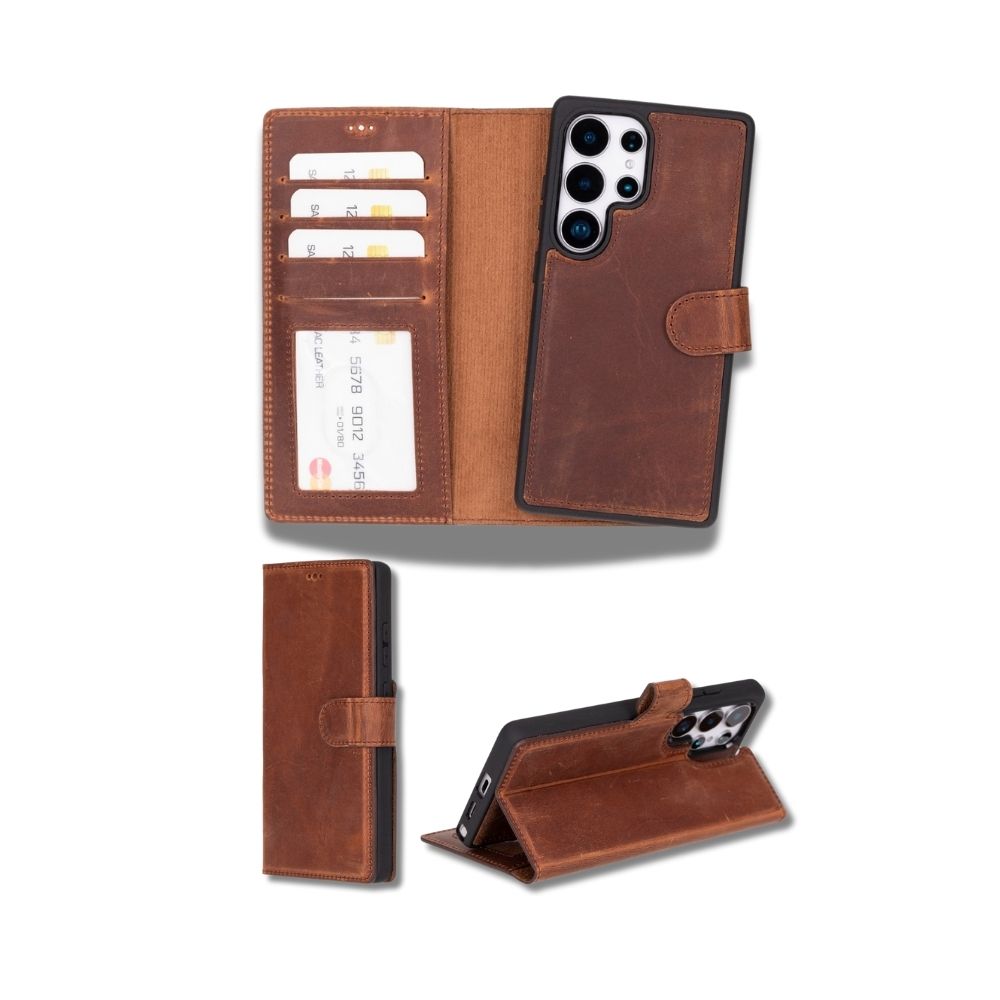 Samsung Galaxy S25 Ultra Uyumlu, Haki̇ki̇ Deri̇, El Yapımı, Cüzdanlı Kılıf, Anti̇k Kahve