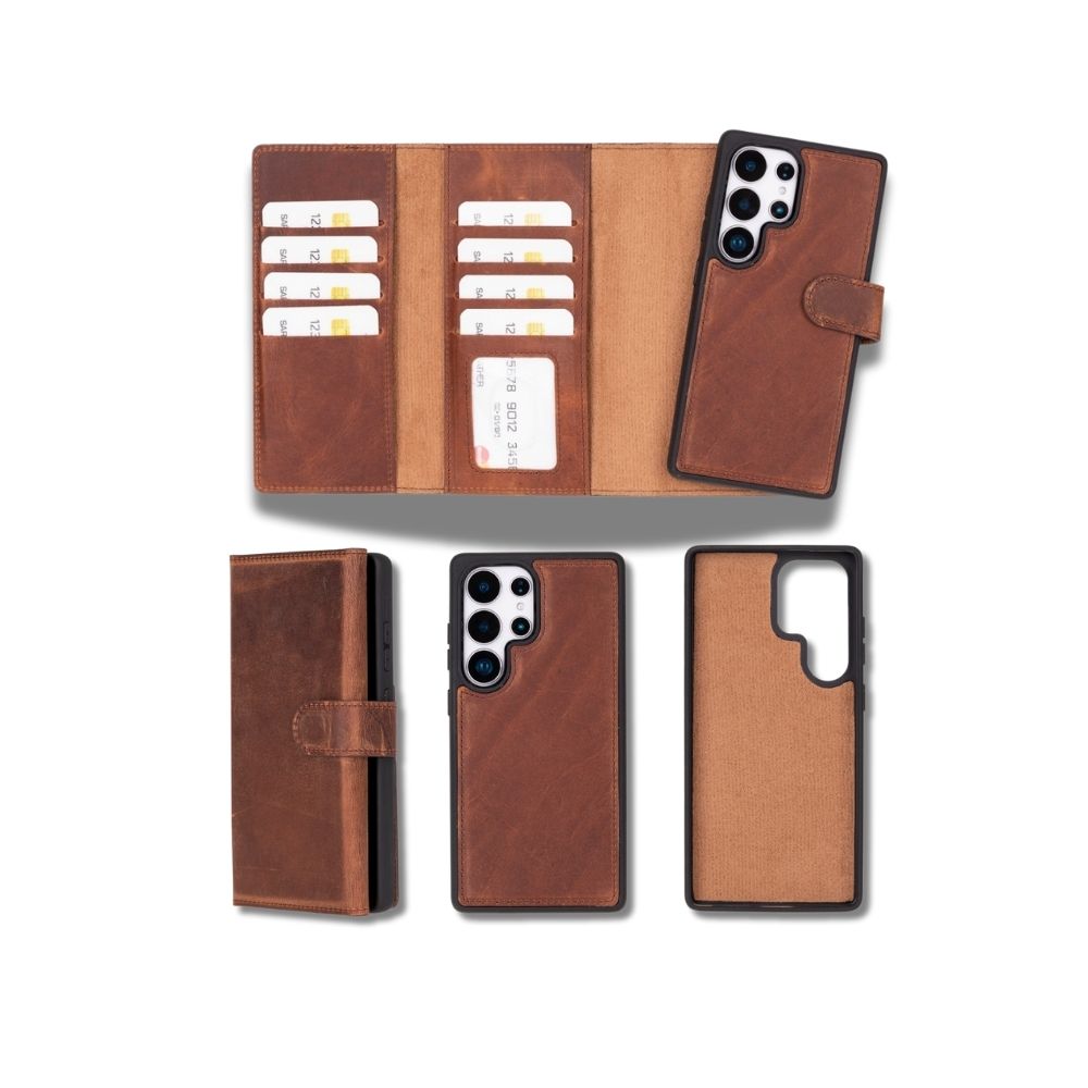 Samsung Galaxy S25 Ultra Uyumlu, Haki̇ki̇ Deri̇, El Yapımı, Cüzdanlı Kılıf, Anti̇k Kahve