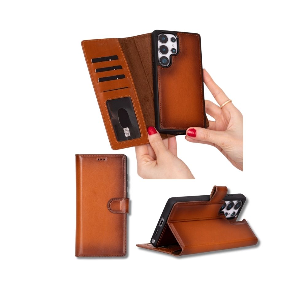 Samsung Galaxy S25 Ultra Uyumlu, Haki̇ki̇ Deri̇, El Yapımı, Cüzdanlı Kılıf, Gölgeli̇ Taba