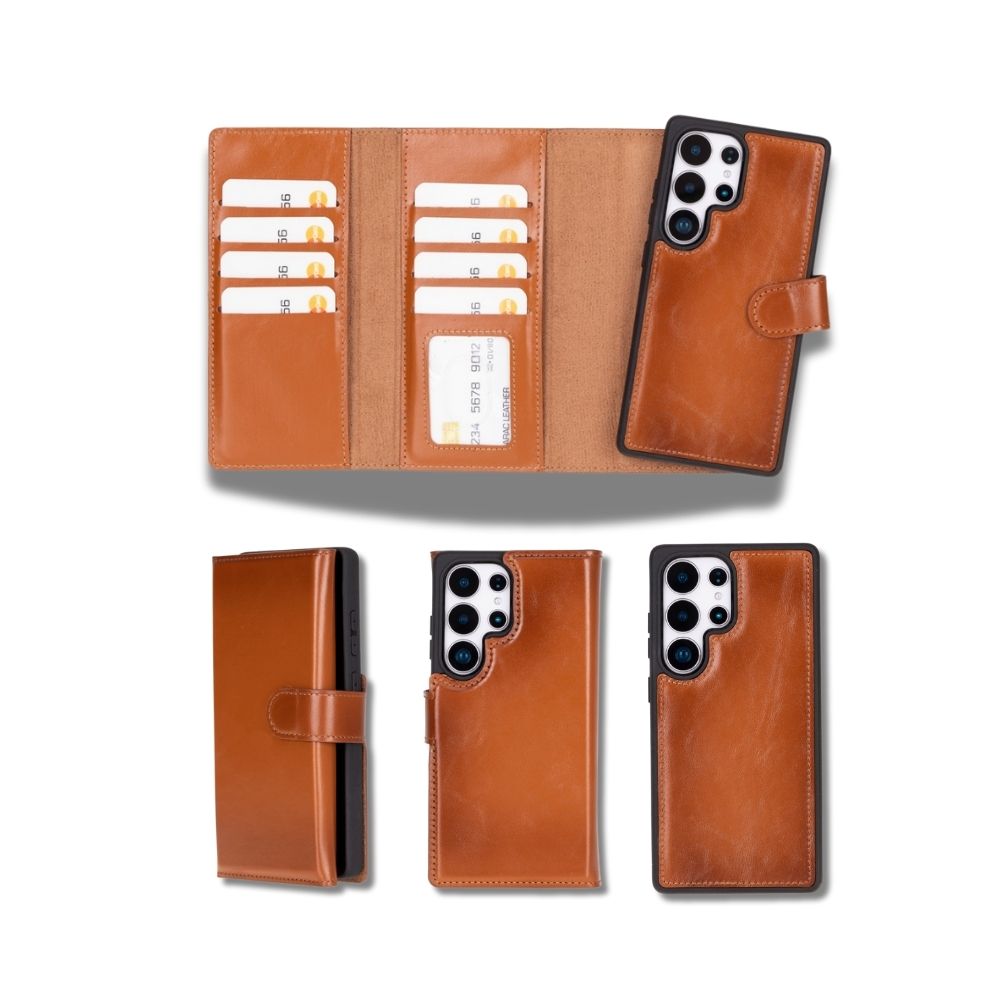 Samsung Galaxy S25 Ultra Uyumlu, Haki̇ki̇ Deri̇, El Yapımı, Cüzdanlı Kılıf, Gölgeli̇ Taba