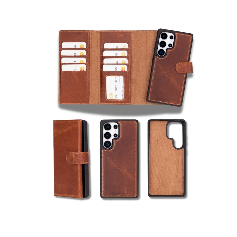 Samsung Galaxy S25 Ultra Uyumlu, Haki̇ki̇ Deri̇, El Yapımı, Cüzdanlı Kılıf, Karamel