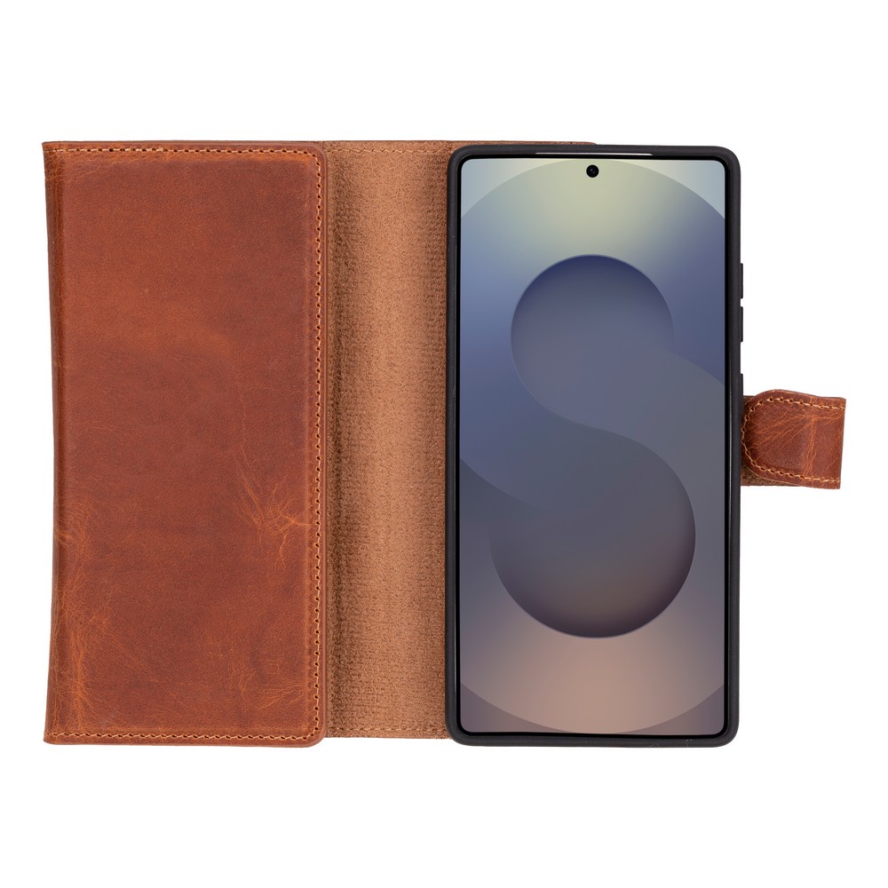 Samsung Galaxy S25 Ultra Uyumlu, Haki̇ki̇ Deri̇, El Yapımı, Cüzdanlı Kılıf, Karamel