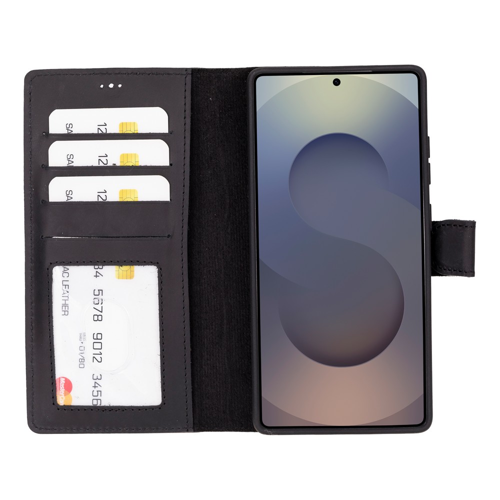 Samsung Galaxy S25 Ultra Uyumlu, Haki̇ki̇ Deri̇, El Yapımı, Cüzdanlı Kılıf, Mat Si̇yah