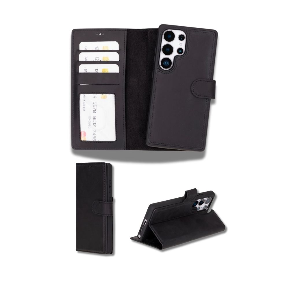 Samsung Galaxy S25 Ultra Uyumlu, Haki̇ki̇ Deri̇, El Yapımı, Cüzdanlı Kılıf, Mat Si̇yah