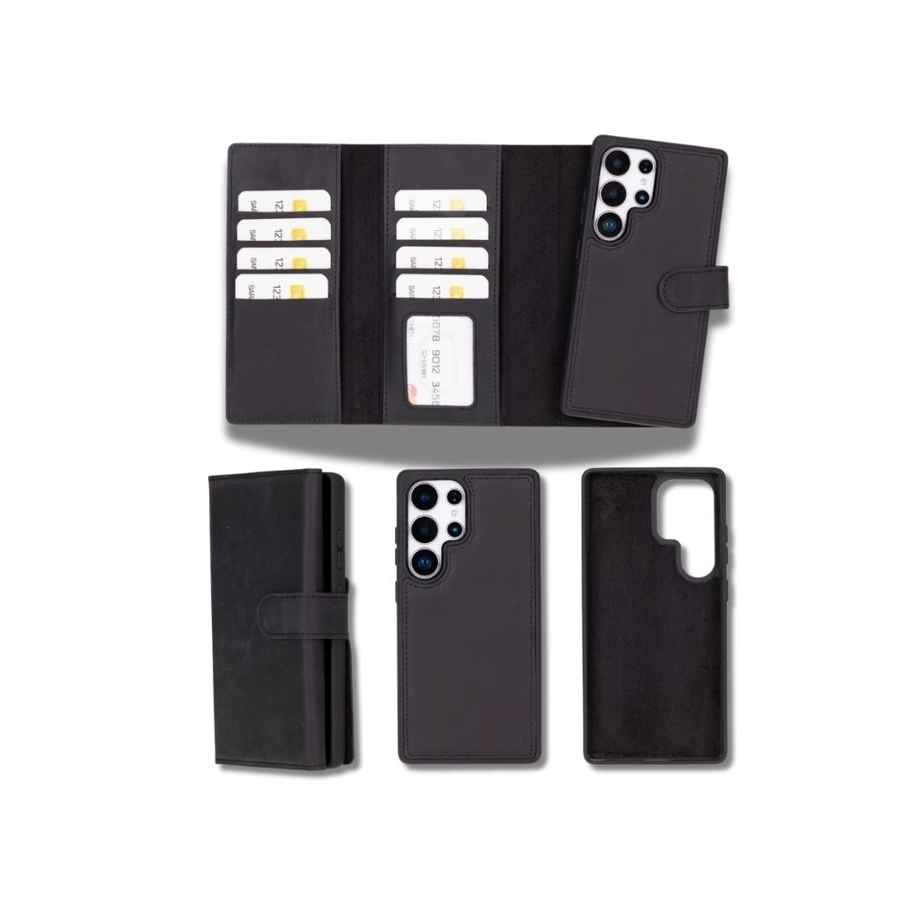 Samsung Galaxy S25 Ultra Uyumlu, Haki̇ki̇ Deri̇, El Yapımı, Cüzdanlı Kılıf, Mat Si̇yah
