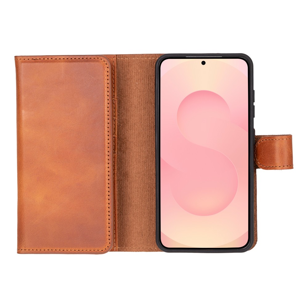 Samsung Galaxy S25 Uyumlu, Haki̇ki̇ Deri̇, El Yapımı, Cüzdanlı Kılıf, Gölgeli̇ Kahve