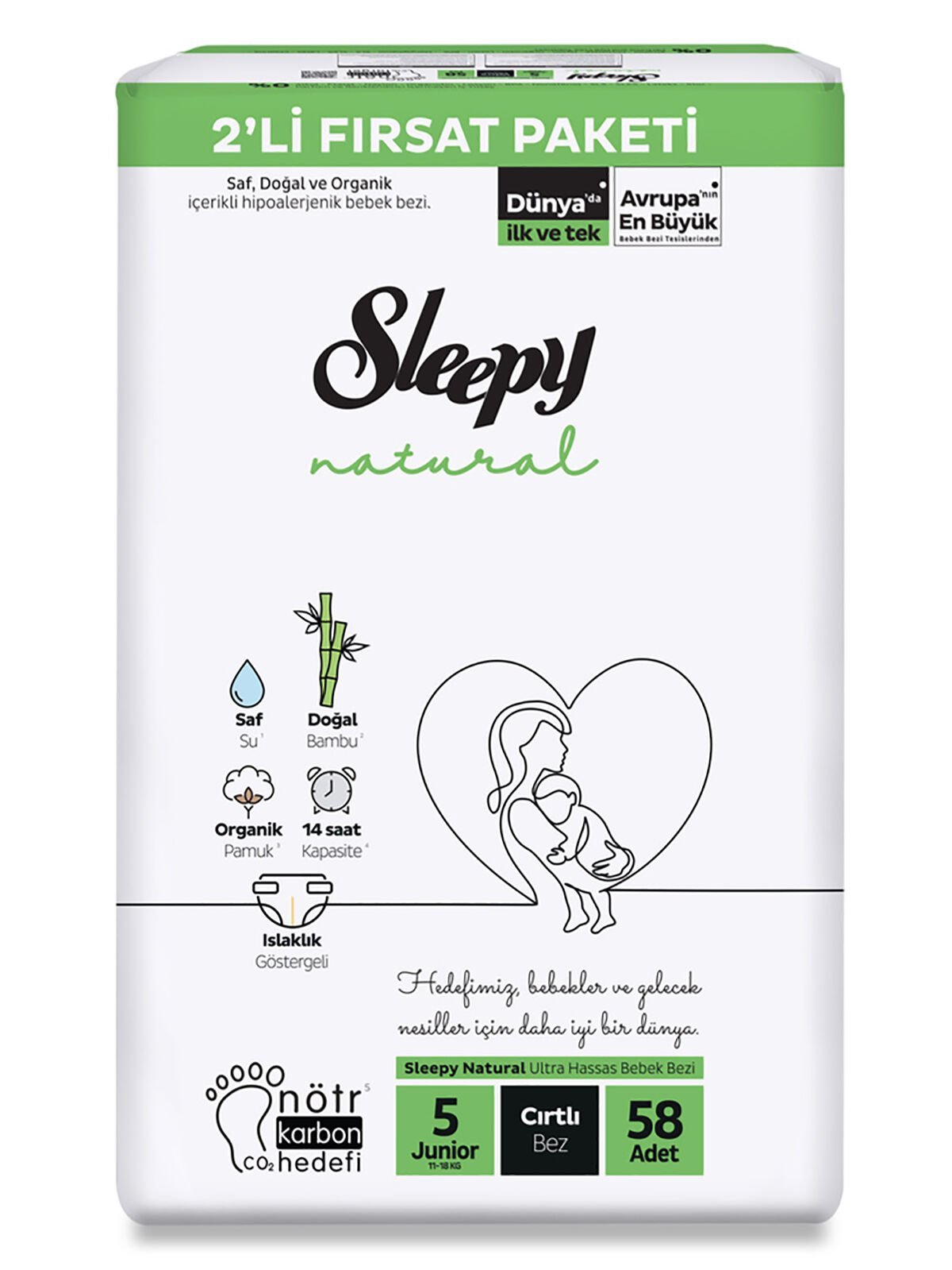 Sleepy Natural Bebek Bezi̇ 2 Li̇ Fırsat Paketi̇ 5 Beden 58 Adet
