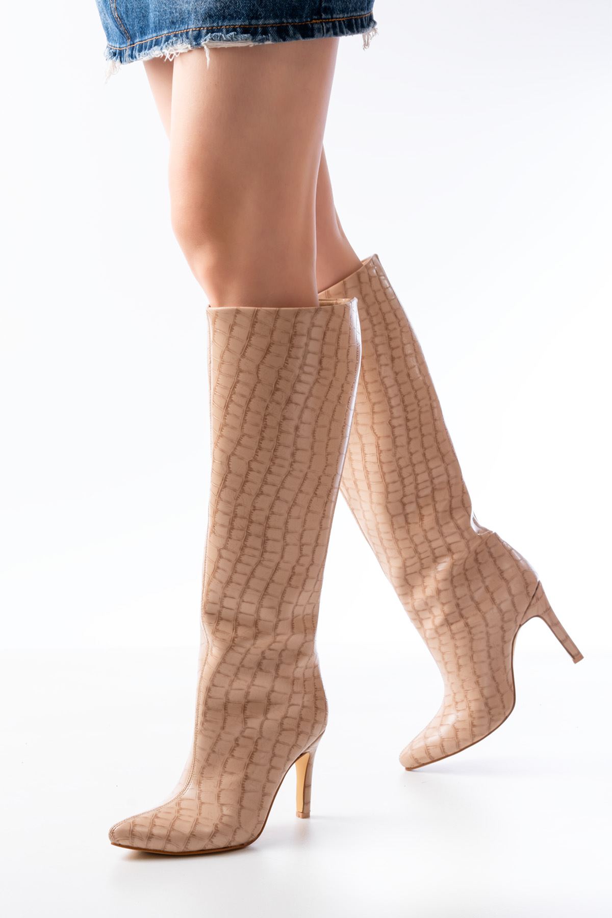 Syt-2004 Bej Kroko Günlük Bayan Çi̇zme