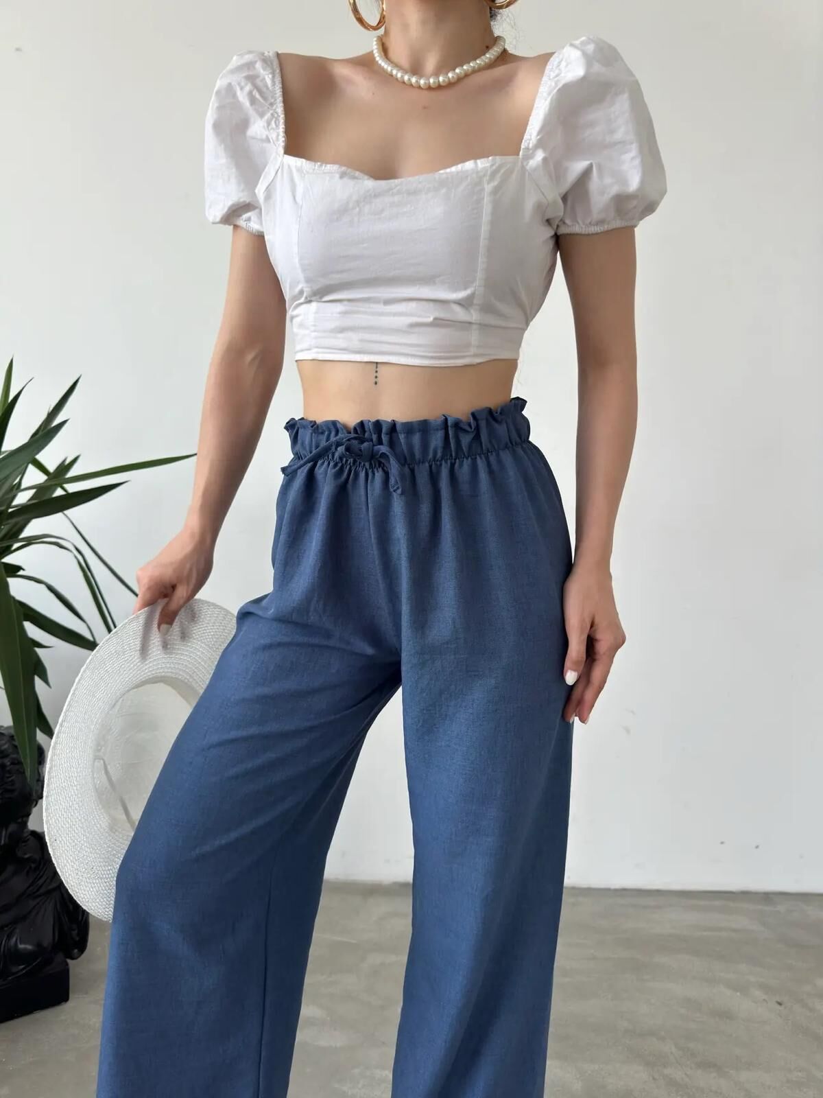 Yüksek Bel Beli̇ Büzgülü Pantolon