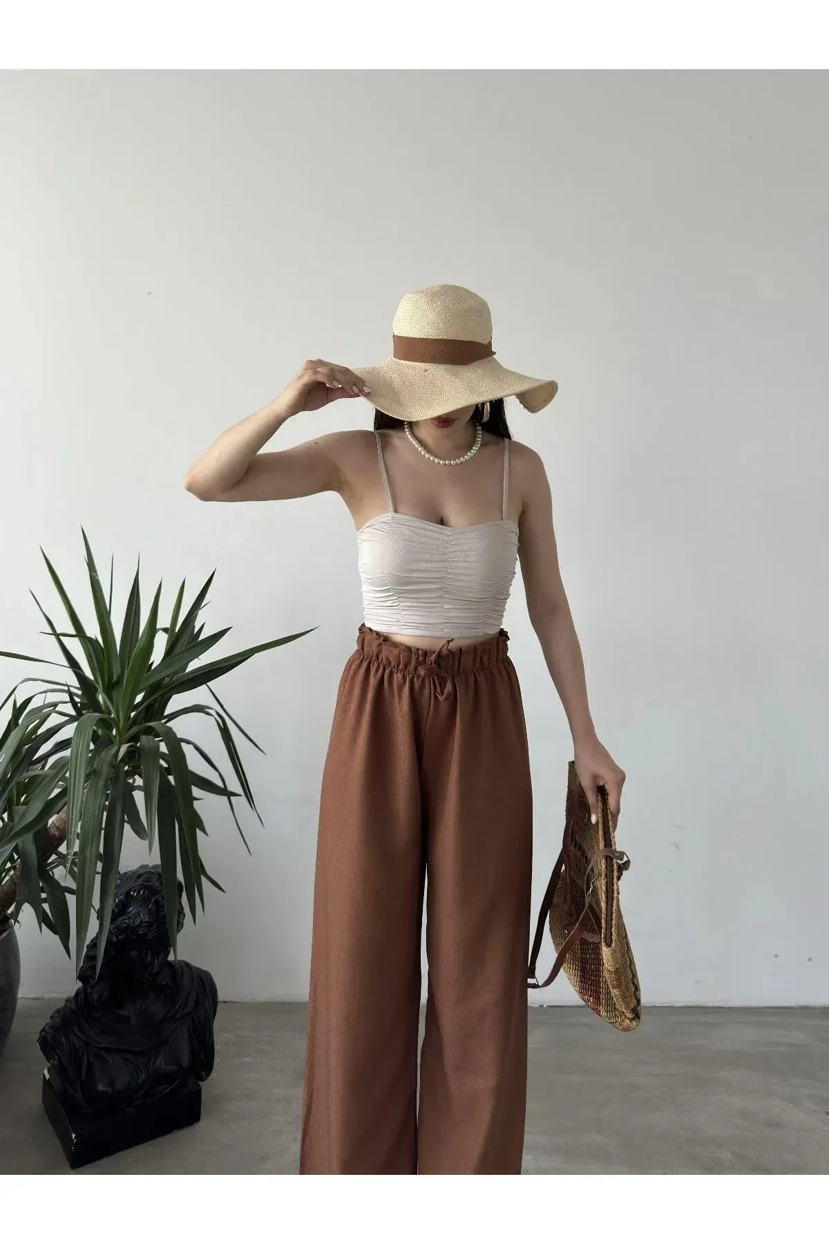 Yüksek Bel Beli̇ Büzgülü Pantolon -Kahverengi̇